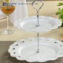 Round Shape Flower Pattern Pure White Ceramic Two Layers Fruit Plate, Fruit Cake Plate For Party